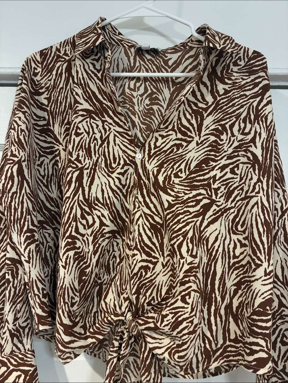Lucy Paris Zebra Print Tie Front Blouse Small Brown Cream
